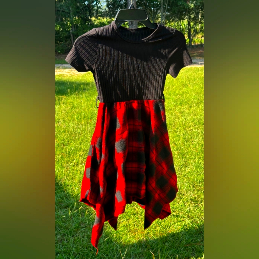 SHEIN Asymmetrical Dress with Black Ribbed Top and Red Plaid Skirt